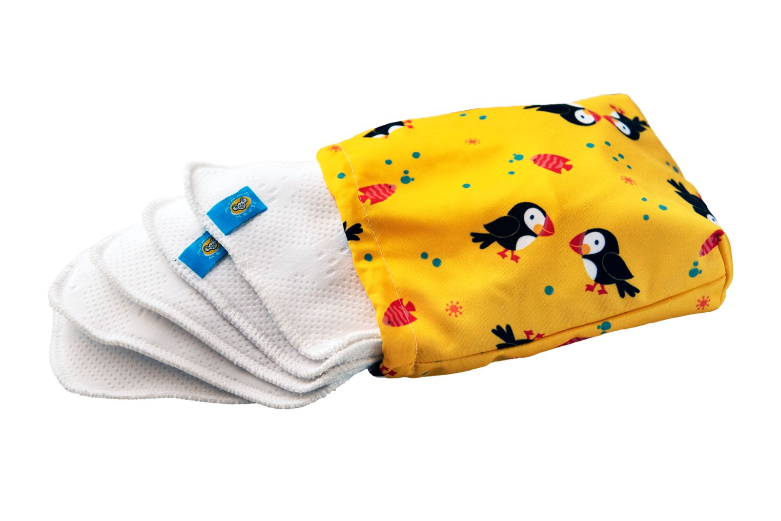 Woreczek na chusteczki wielorazowe + 5 chusteczek wielorazowych (PUFFINS) - zestaw Woreczek na chusteczki wielorazowe + 5 chusteczek wielorazowych (PUFFINS) - zestaw